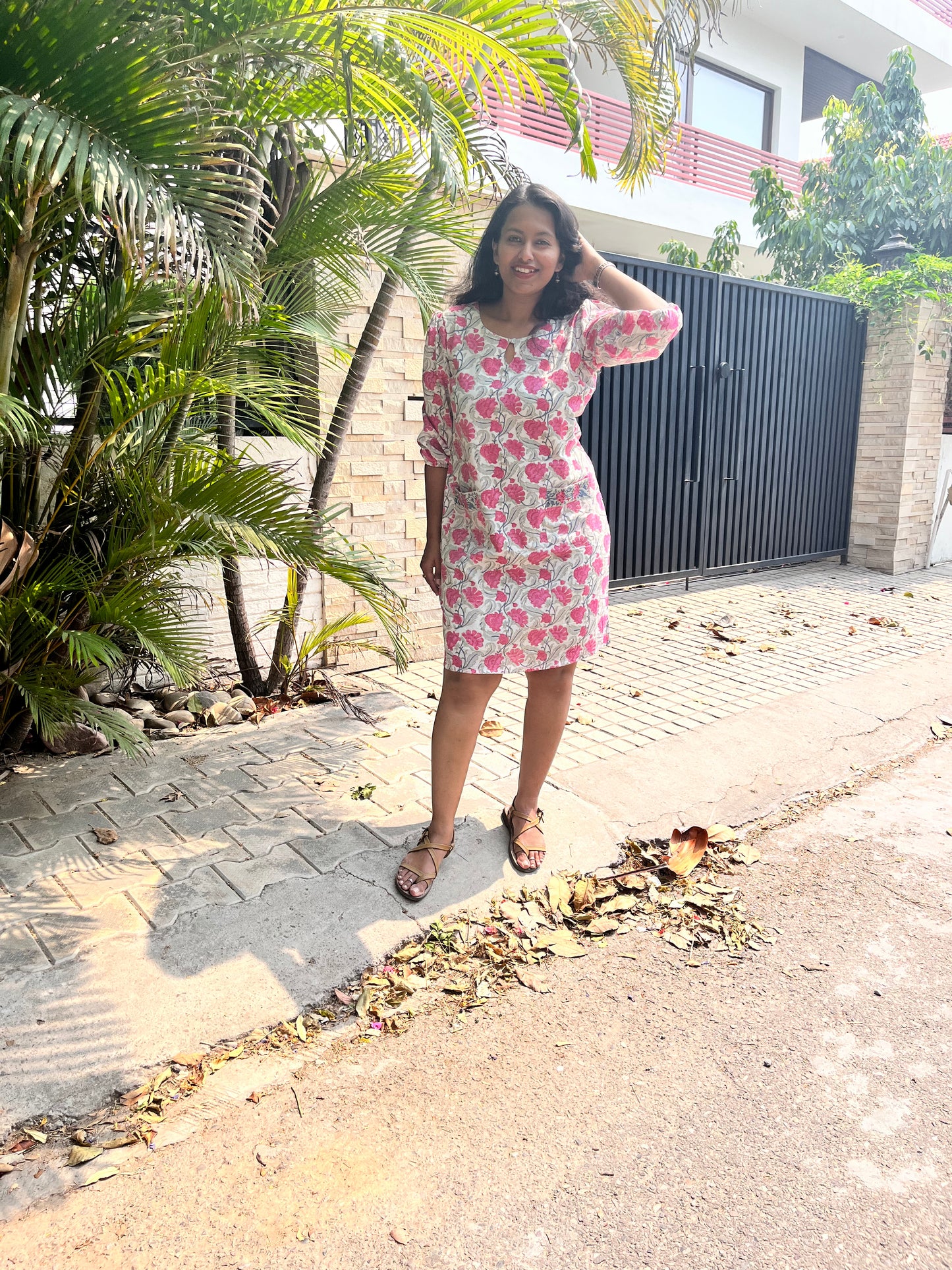 Pink Floral Pure Cotton Shift Dress With Front Pockets