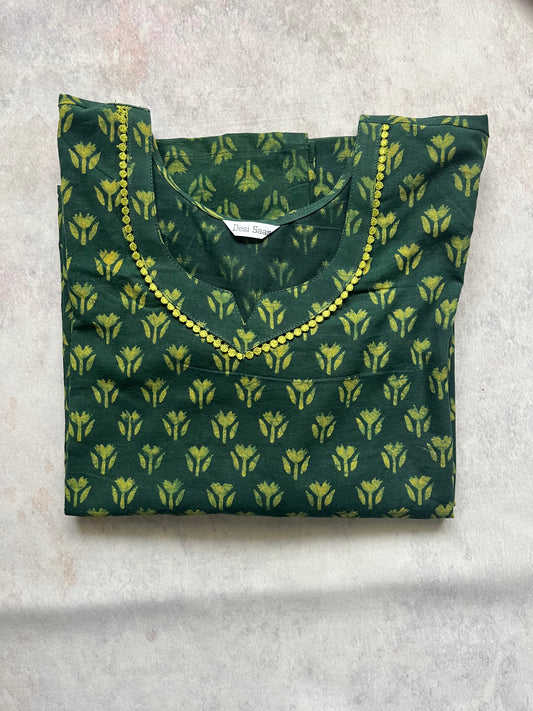 Green Akola Hand Block Pure Cotton Kurti