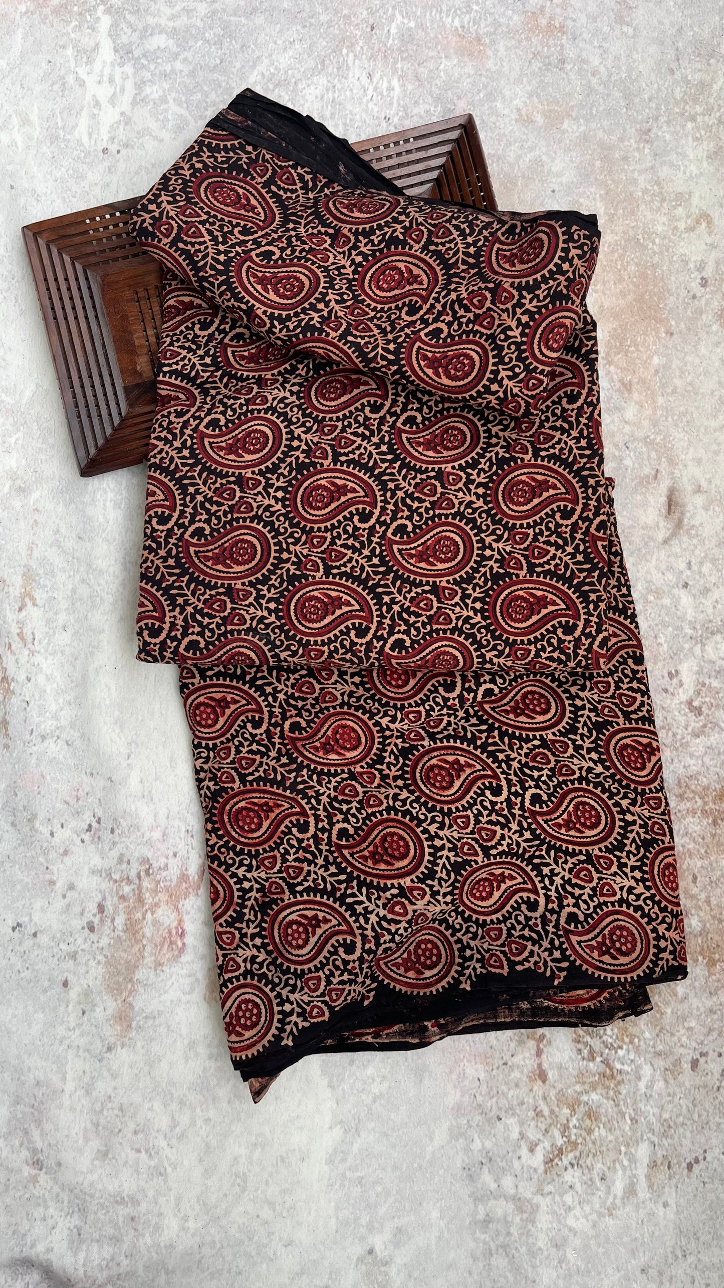 Black Ambi Motif Ajrakh Hand Block Printed Cotton Fabric (CUT PIECE)