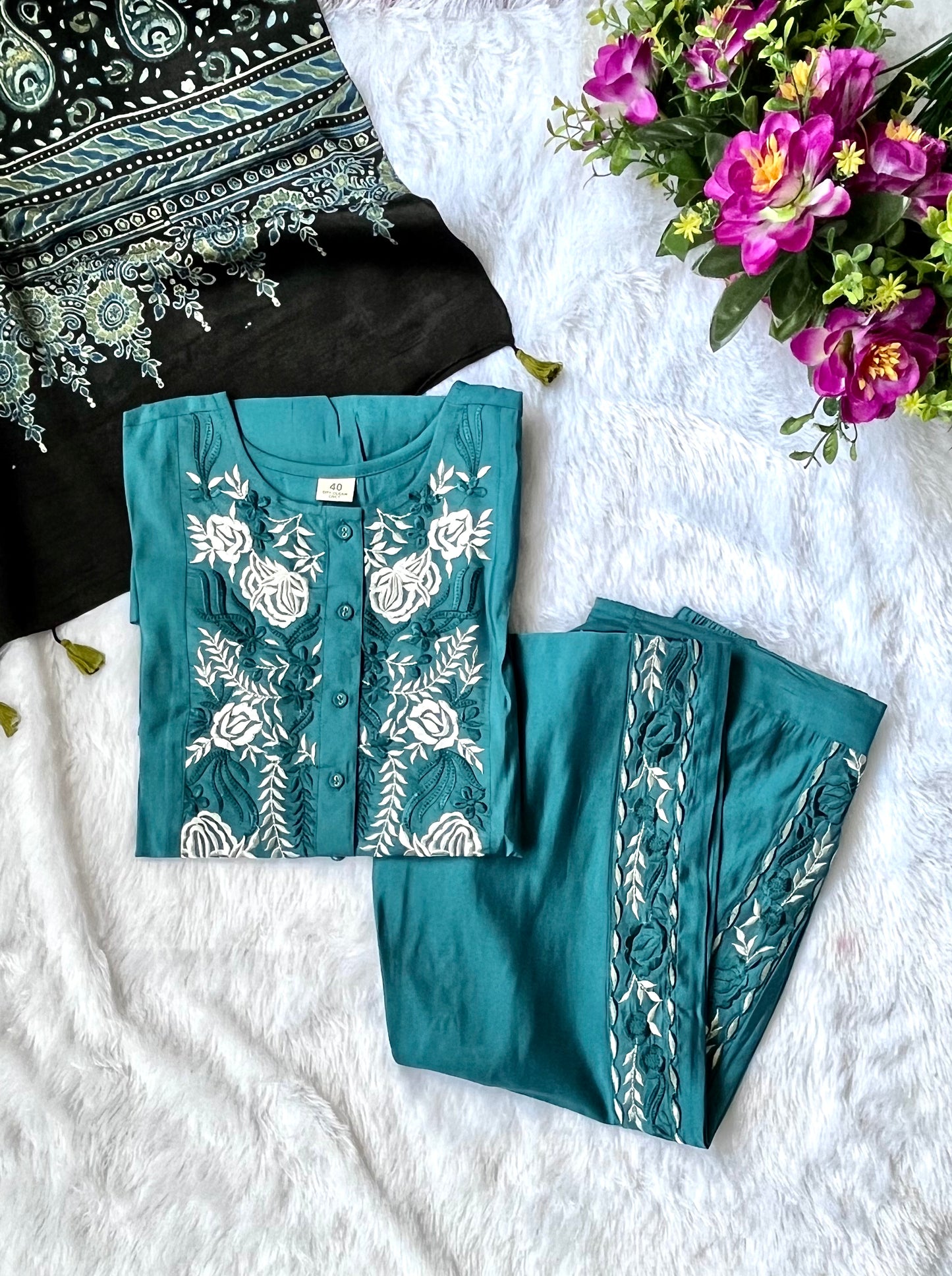 Teal Shade Muslin Silk Cotton Co Ord Set with Embroidery Panel