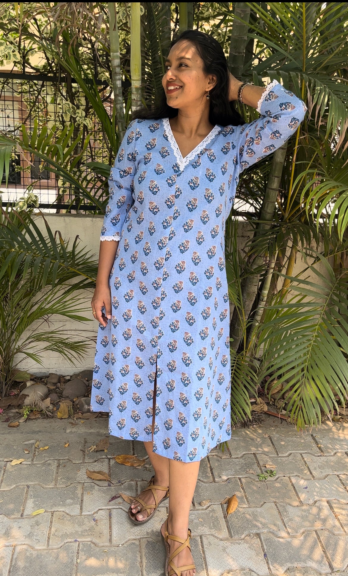 Blue A Line Pattern Midi Dress with lace Details