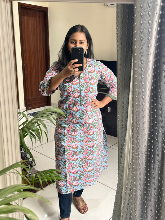 Aqua Blue Cotton Sangaeri Print Straight Kurti