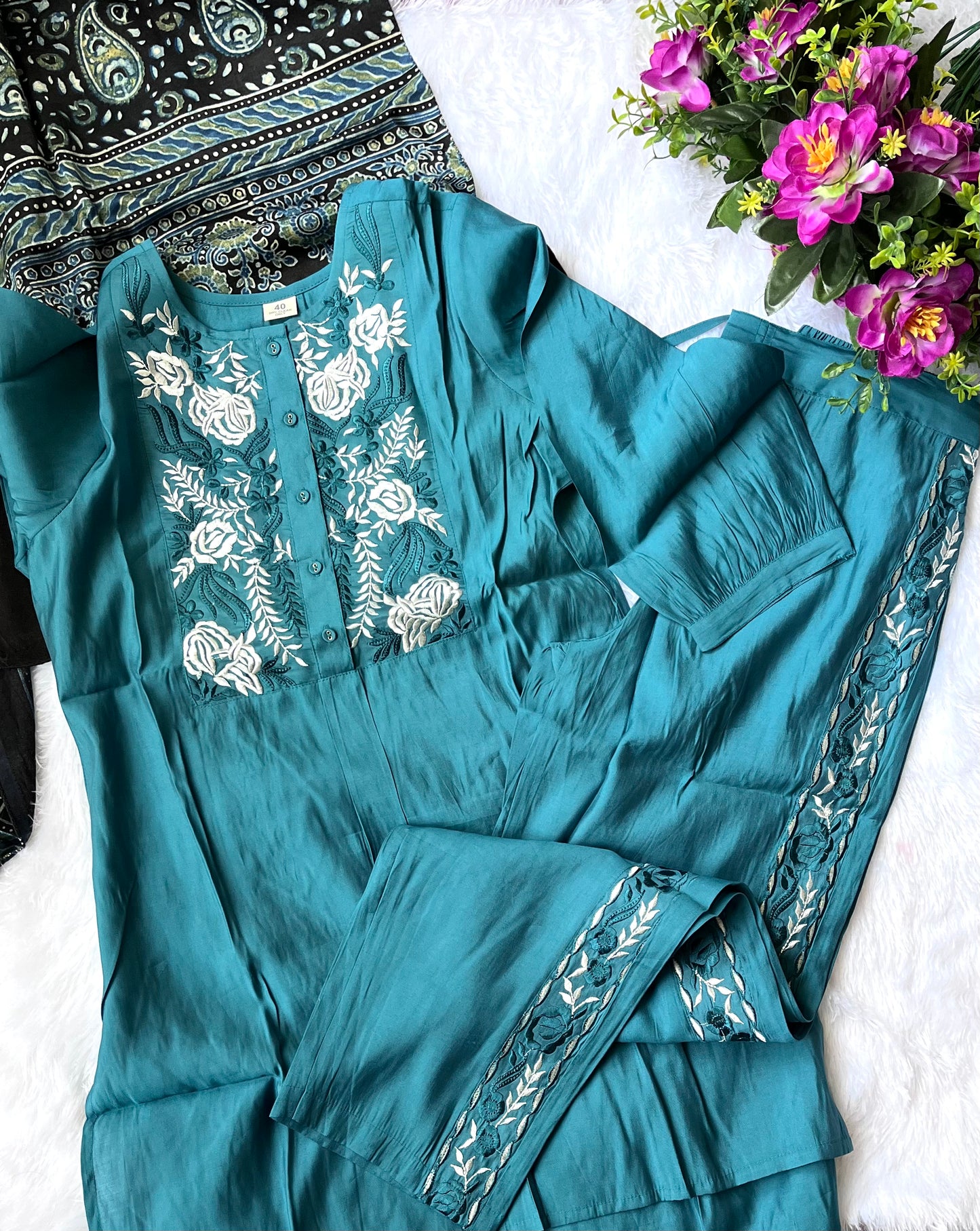 Teal Shade Muslin Silk Cotton Co Ord Set with Embroidery Panel