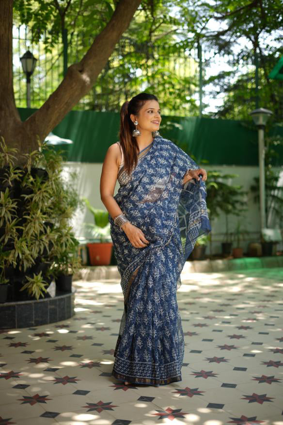 Indigo Pure Chanderi Hand Block Printed 'Zig-Zag Saree'. – Ethnic Rajasthan