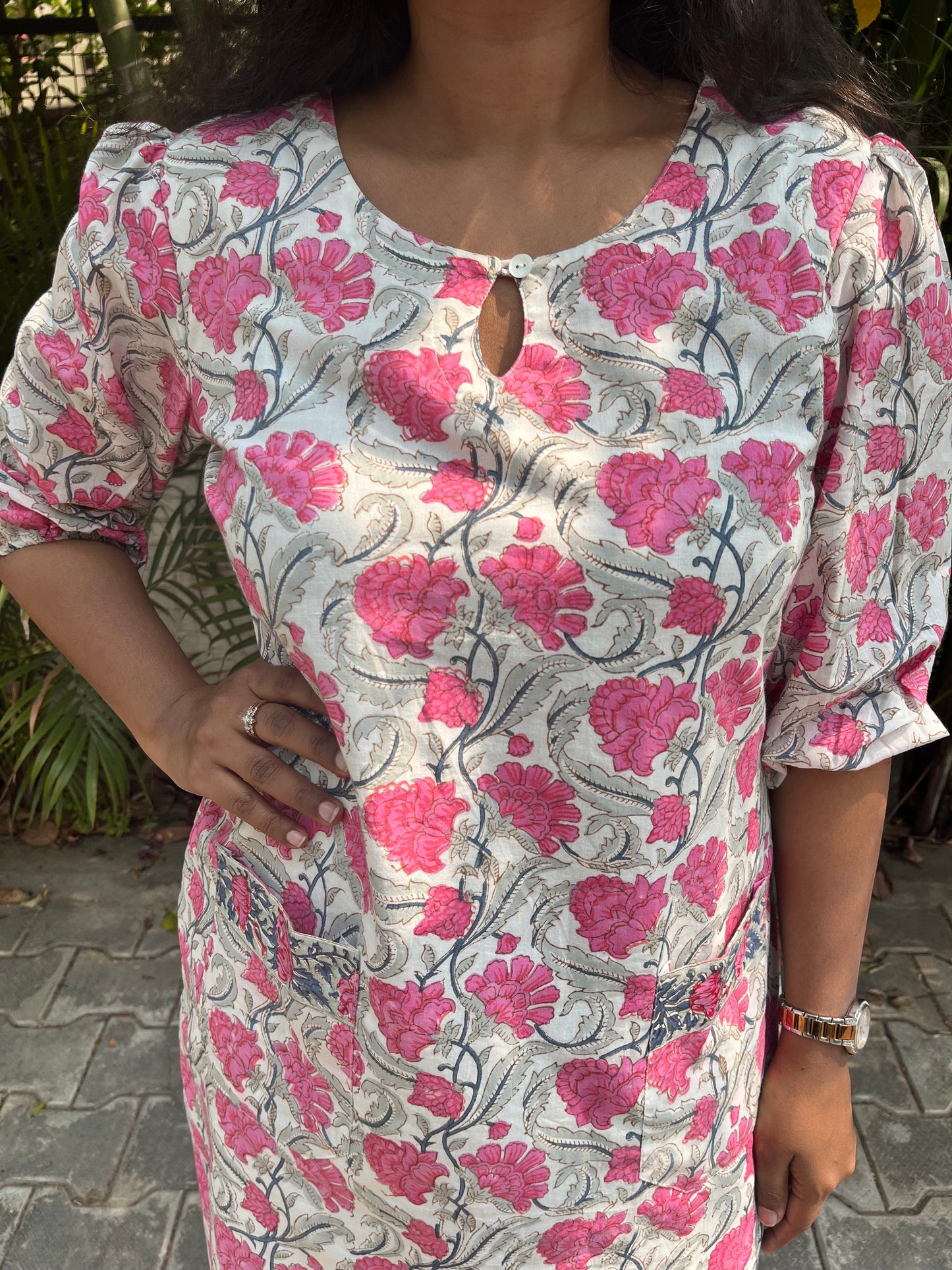 Pink Floral Pure Cotton Shift Dress With Front Pockets