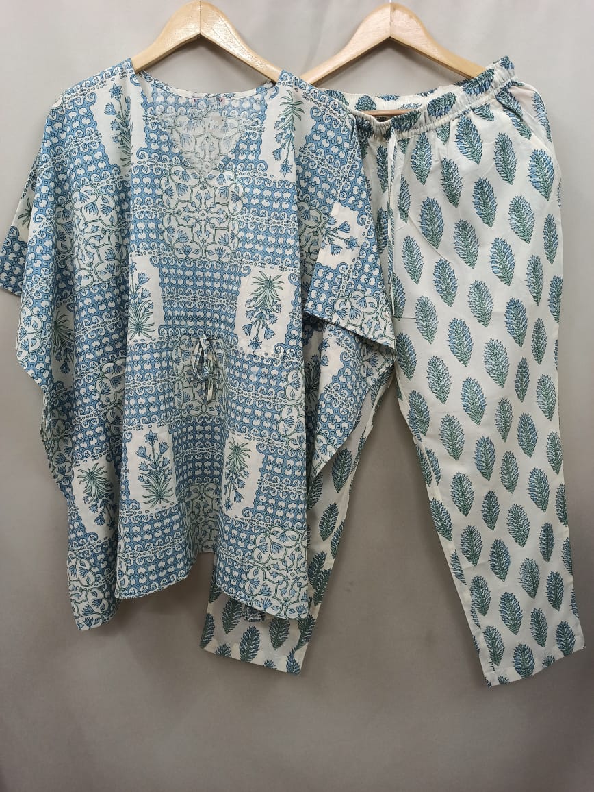 Blue Mugal Boota Motif Pure Cotton Kaftan Lounge Pant Set