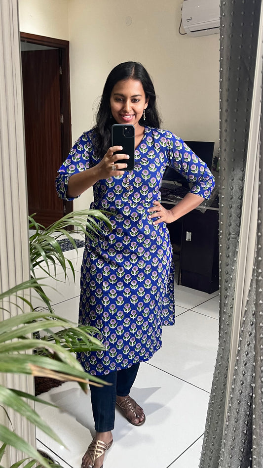 Electric Blue Small Booti Print Straight Kurti