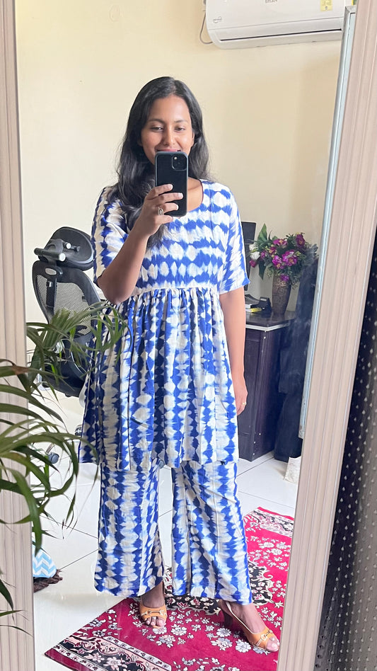 Blue Tie and Dye Print Rayon Cotton Co Ord Set