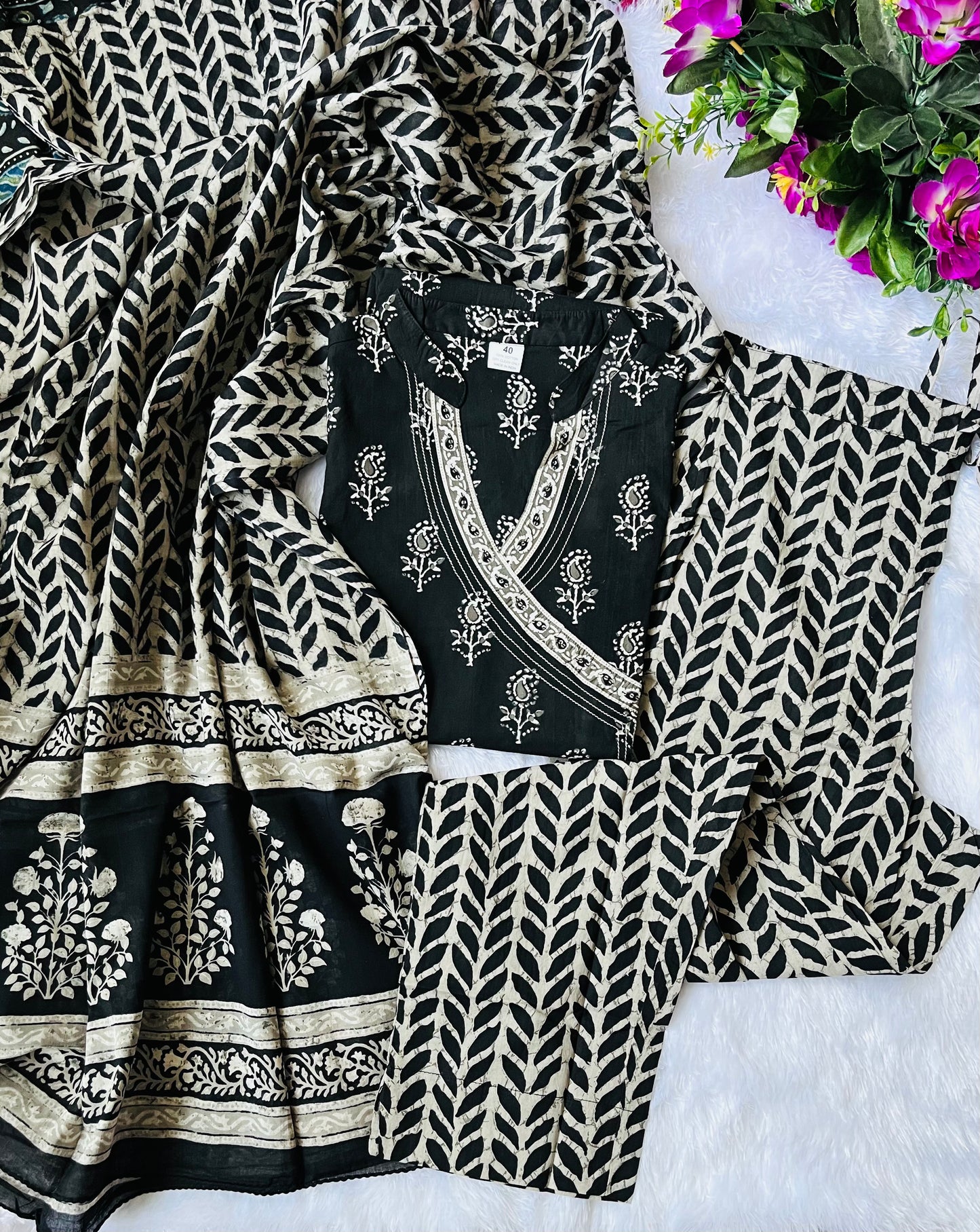 Classic Black and White Angrakha A Line Suit Set with Cotton Dupatta