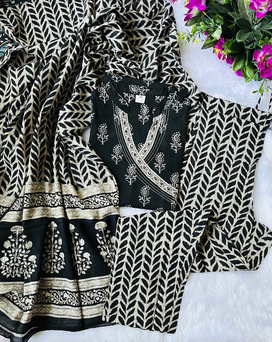 Classic Black and White Angrakha A Line Suit Set with Cotton Dupatta