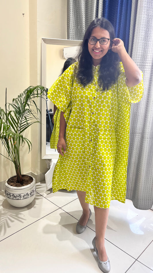 Chartreuse Green Shirt Style Kaftan Dress