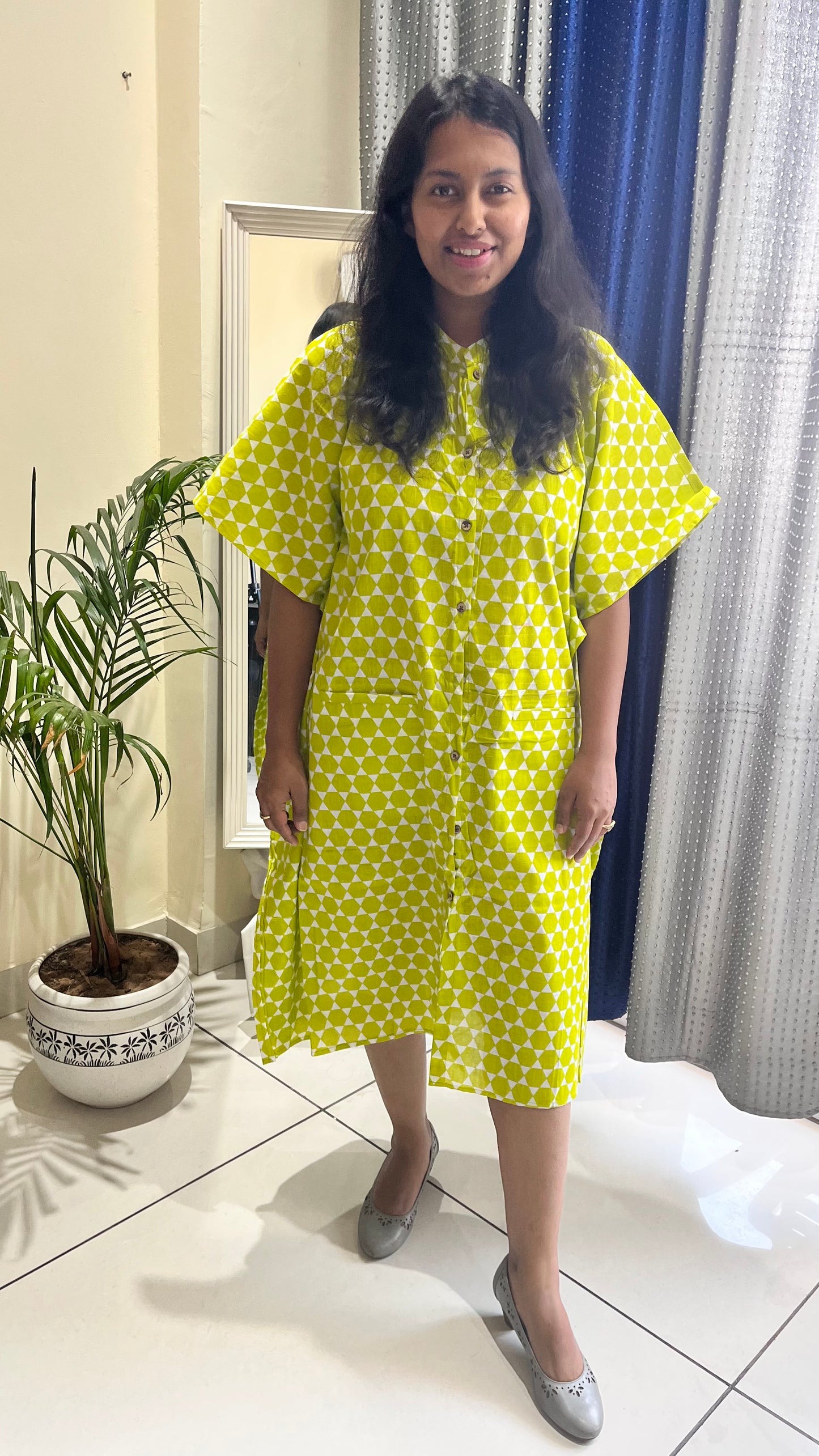 Chartreuse Green Shirt Style Kaftan Dress