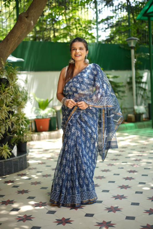 Classic Indigo Handblock Printed Kota Saree with Zari Border