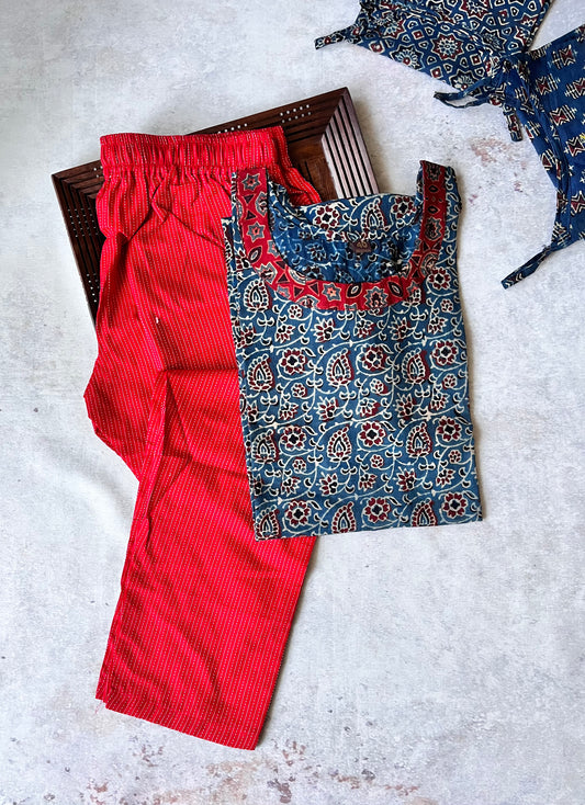 Indigo and Red Ajrakh Hand Block Print Kurta Pant Set