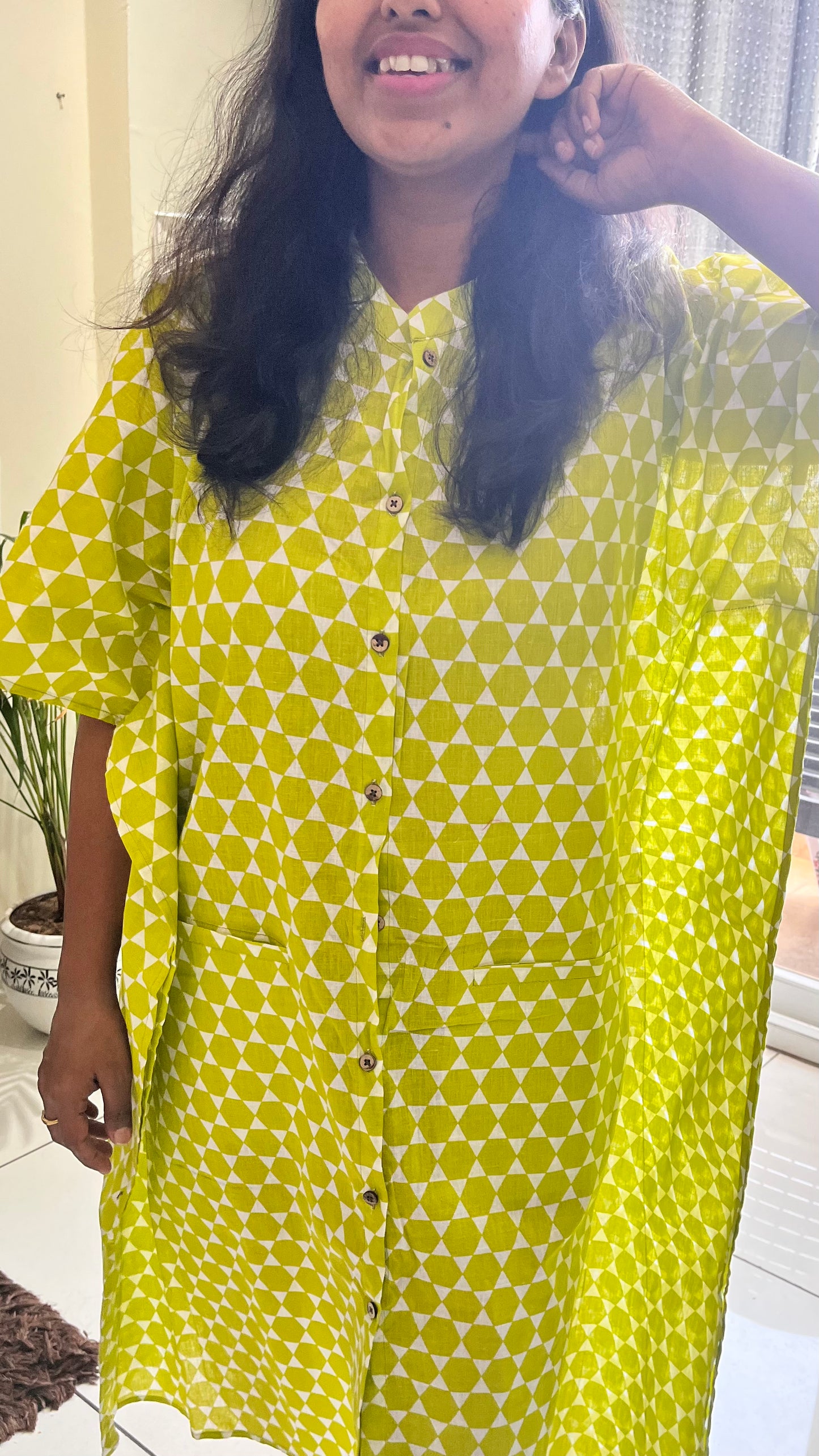 Chartreuse Green Shirt Style Kaftan Dress