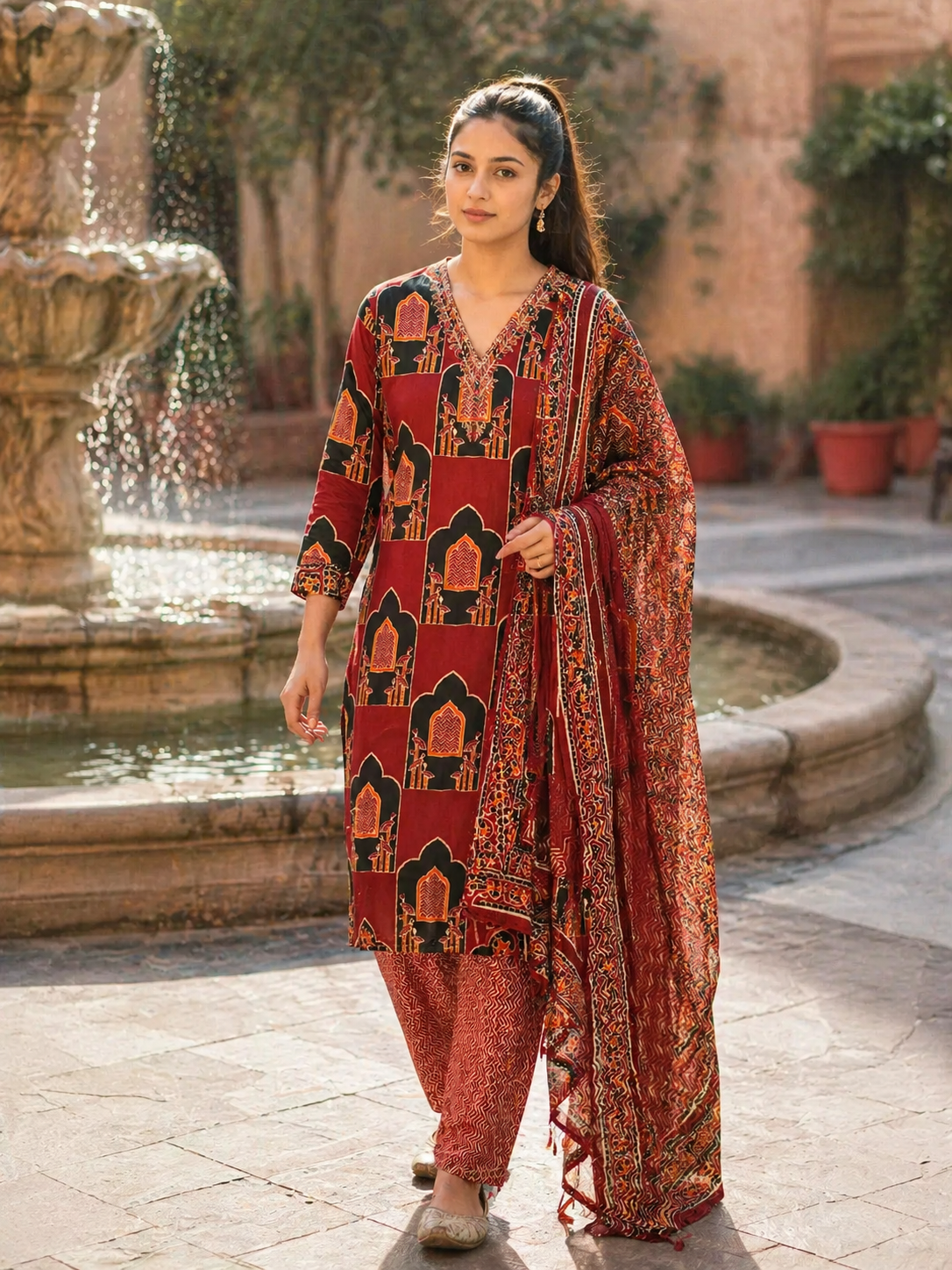 Rust Red Jharokha Print Pure Cotton Suit Set with Cotton Dupatta