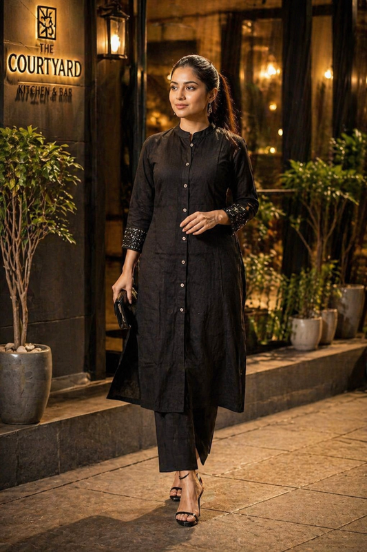 Black Khadi Cotton Co-Ord with Dazzling Patti work on Sleeves