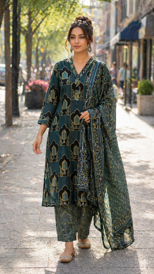 Indigo Blue Jharokha Print Pure Cotton Suit Set with Cotton Dupatta