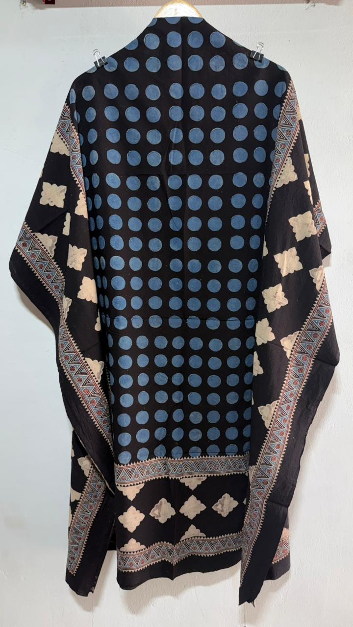 Blue Polka Dot Ajrakh HandBlock Unstitched Pure Cotton Fabric (Kurta Only)