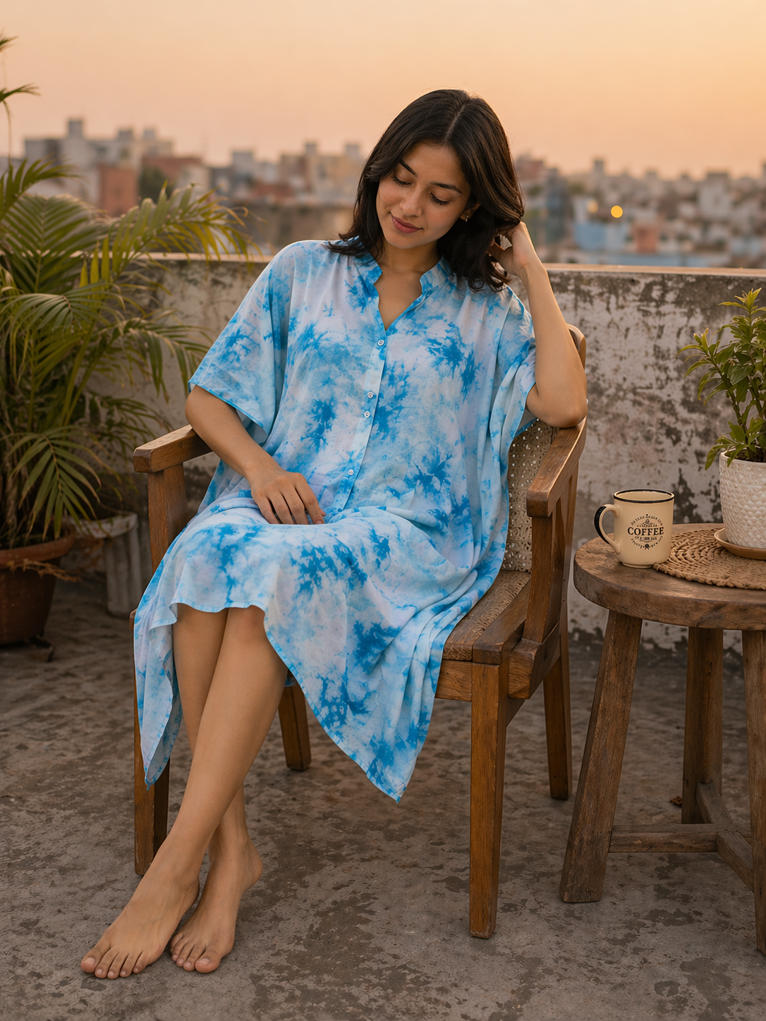 Blue Tie and Dye Knee Length Kaftan Shirt Dress