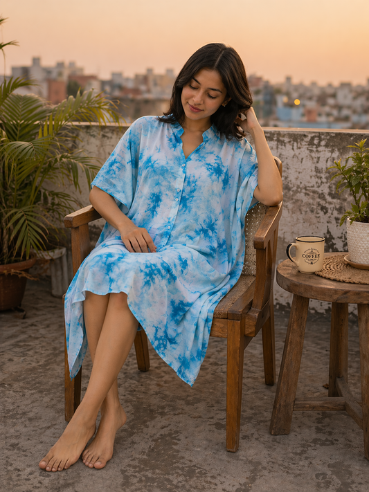 Blue Tie and Dye Knee Length Kaftan Shirt Dress
