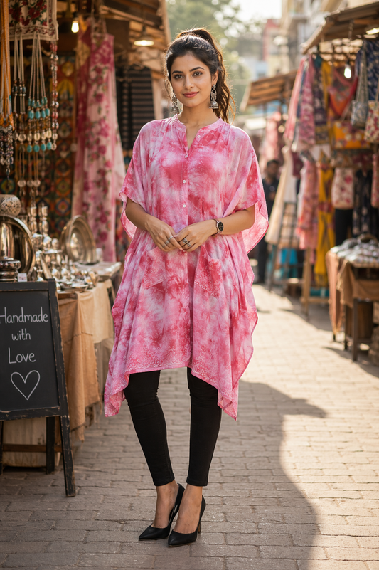 Pink Tie and Dye Knee Length Kaftan Shirt Dress