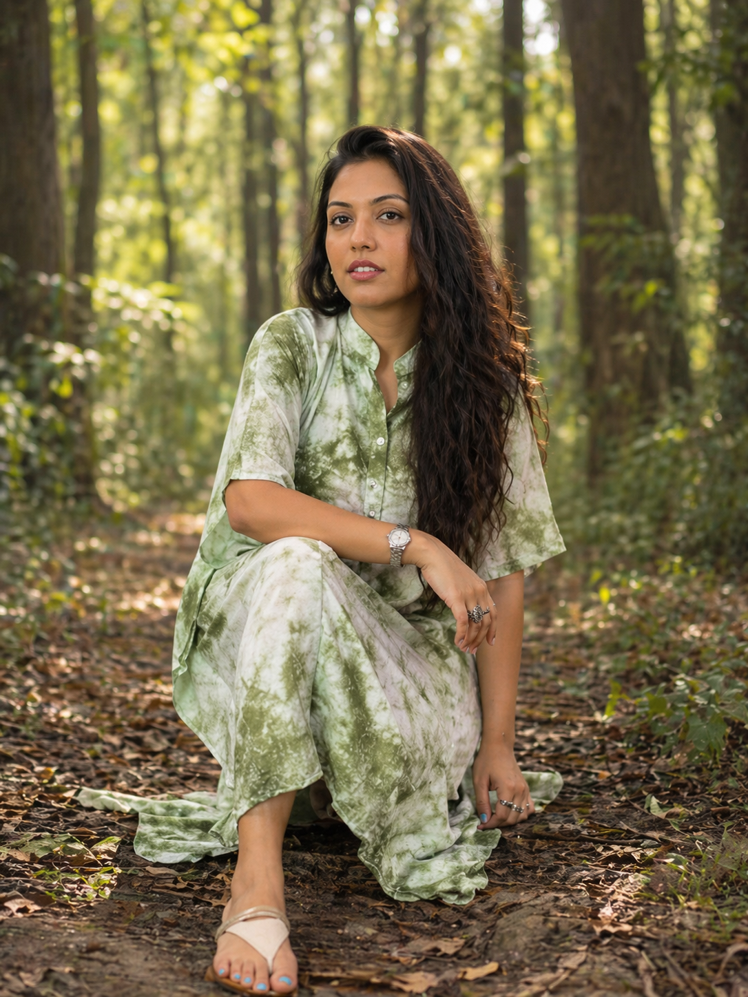 Green Tie and Dye Knee Length Kaftan Shirt Dress