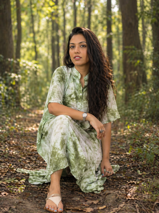 Green Tie and Dye Knee Length Kaftan Shirt Dress