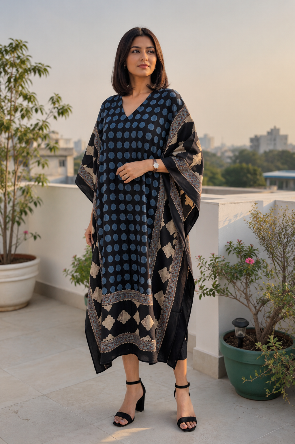 Blue Polka Dot Ajrakh HandBlock Unstitched Pure Cotton Fabric (Kurta Only)