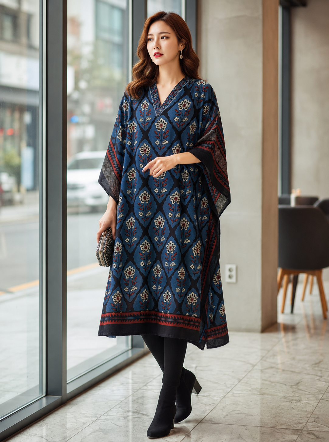 Blue Shade Flower Motif Ajrakh HandBlock Unstitched Pure Cotton Fabric (Kurta Only)