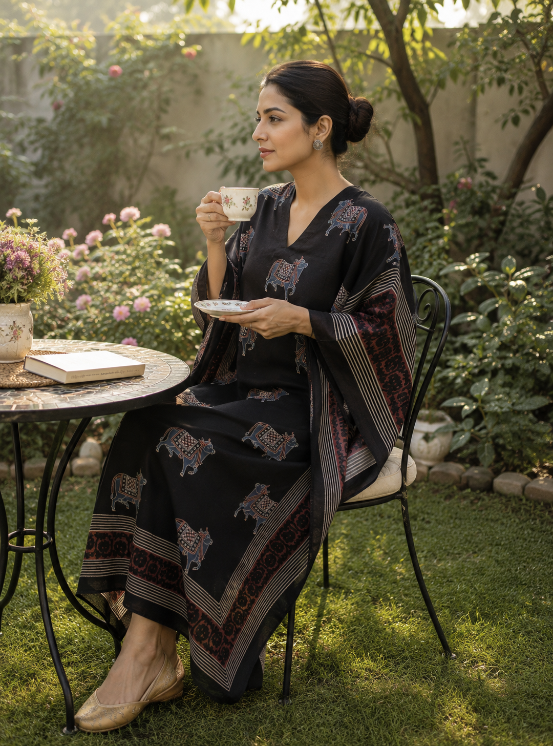 Black Shade Kamdhenu Motif Ajrakh HandBlock Unstitched Pure Cotton Fabric (Kurta Only)