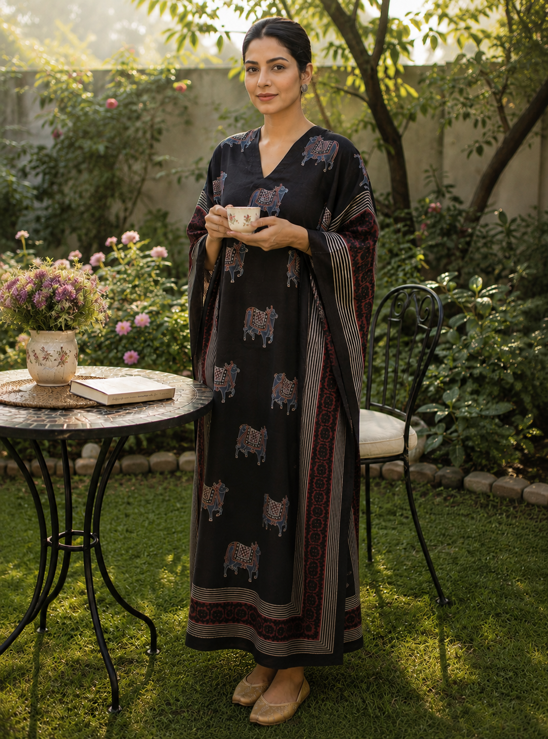 Black Shade Kamdhenu Motif Ajrakh HandBlock Unstitched Pure Cotton Fabric (Kurta Only)