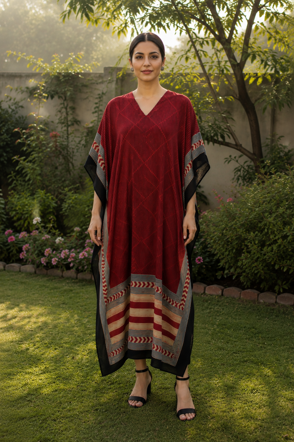 Red Shade Strip Motif Ajrakh HandBlock Unstitched Pure Cotton Fabric (Kurta Only)