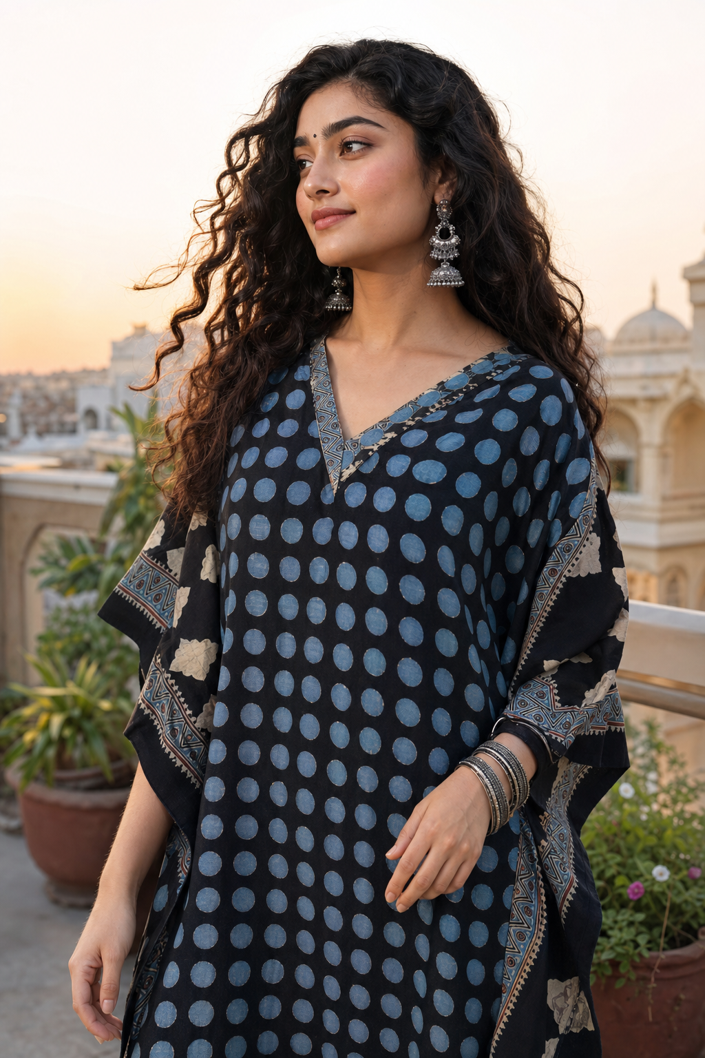 Blue Polka Dot Ajrakh HandBlock Unstitched Pure Cotton Fabric (Kurta Only)