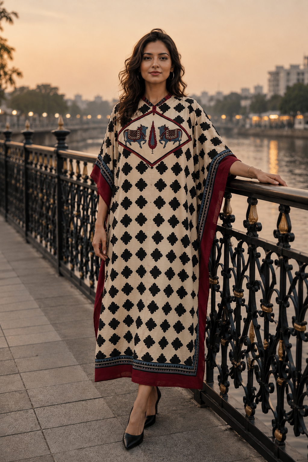 OffWhite Kamdhenu Jharokha Motif Ajrakh HandBlock Unstitched Pure Cotton Fabric (Kurta Only)