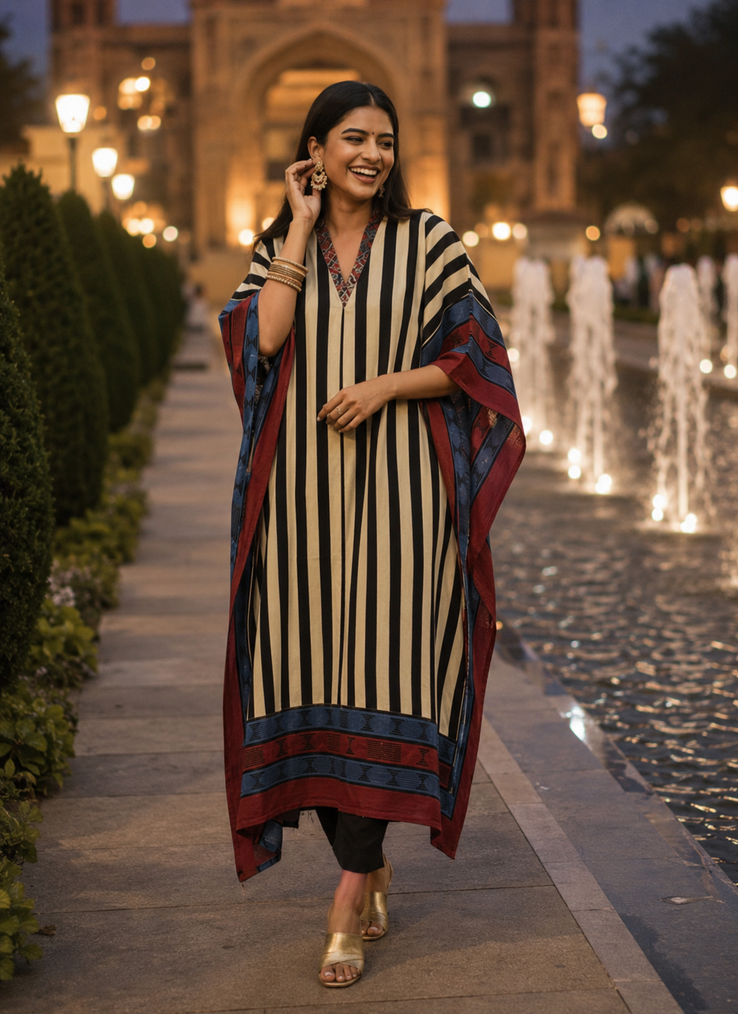 OffWhite Shade Strip Motif Ajrakh HandBlock Unstitched Pure Cotton Fabric (Kurta Only)