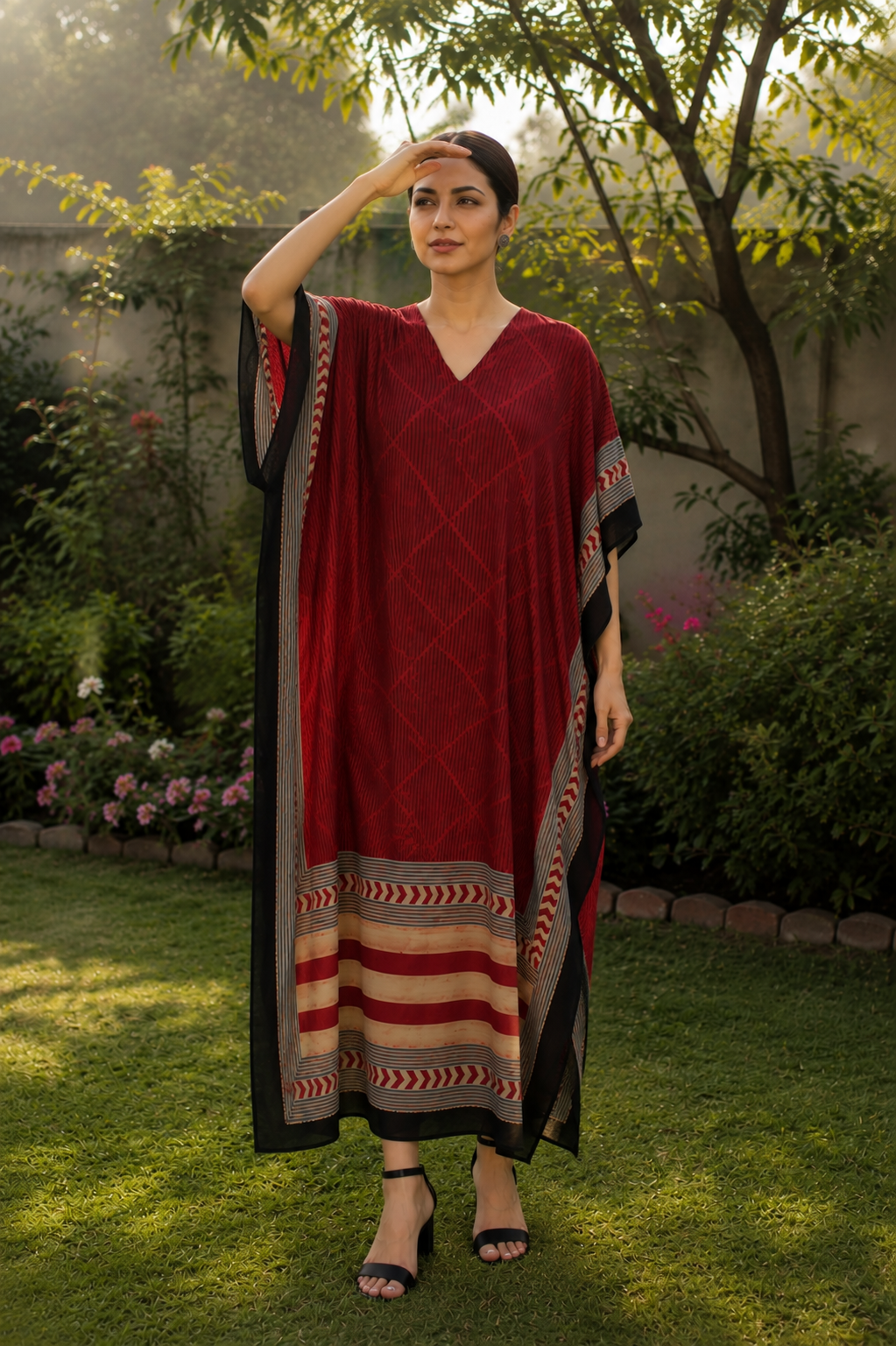 Red Shade Strip Motif Ajrakh HandBlock Unstitched Pure Cotton Fabric (Kurta Only)