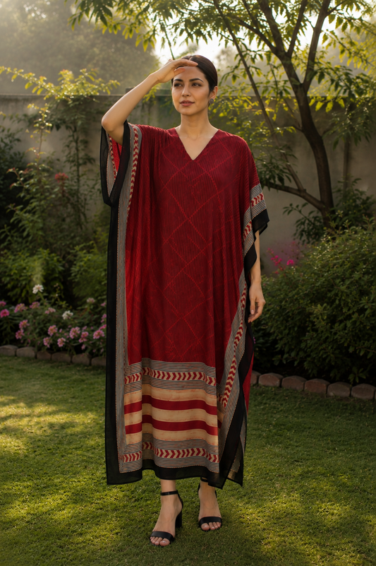 Red Shade Strip Motif Ajrakh HandBlock Unstitched Pure Cotton Fabric (Kurta Only)