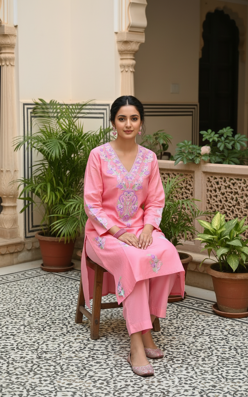 Peach Pink Shade Floral Kashmiri Aari Work V Neck Cotton Kurti
