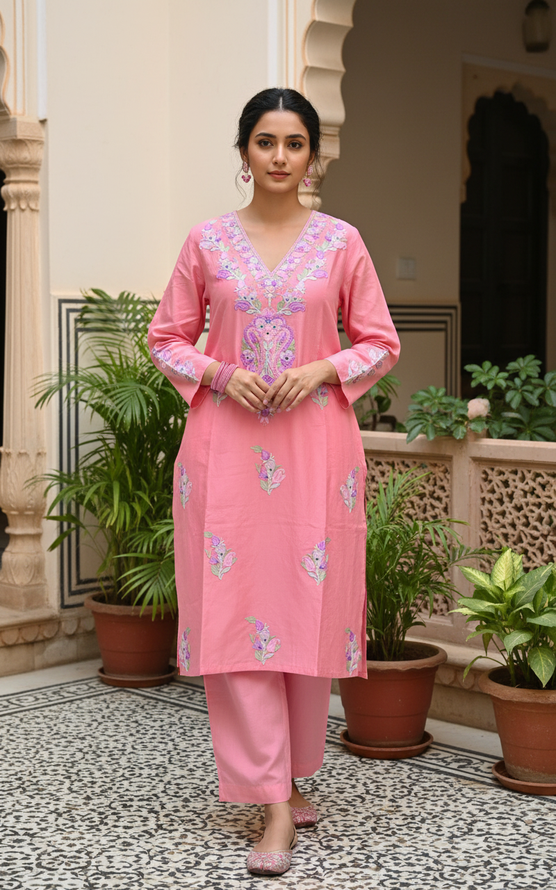 Peach Pink Shade Floral Kashmiri Aari Work V Neck Cotton Kurti