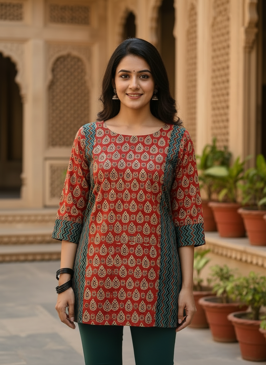 Red and Blue Ajrakh Handblock Pure Cotton Short Kurti