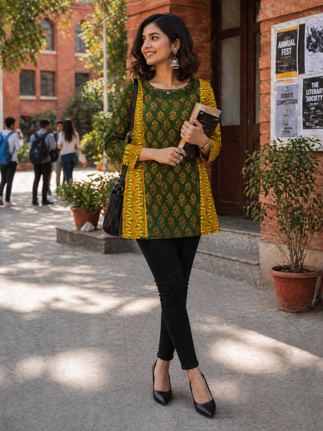 Green and Yellow Ajrakh Handblock Pure Cotton Short Kurti