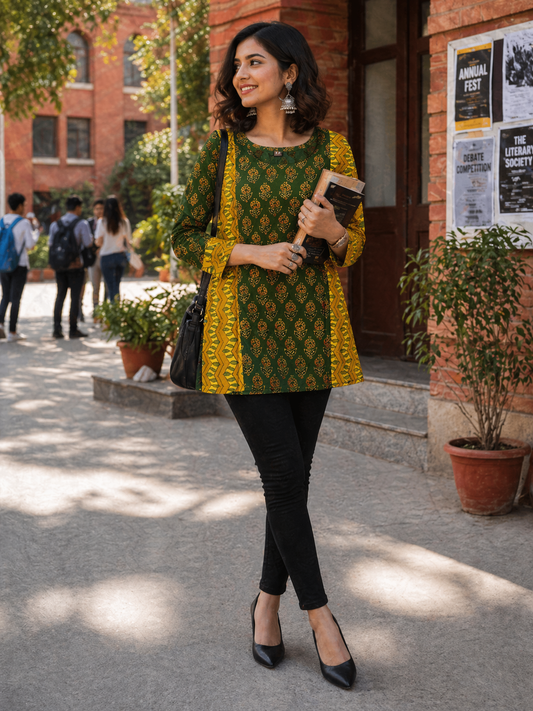 Green and Yellow Ajrakh Handblock Pure Cotton Short Kurti