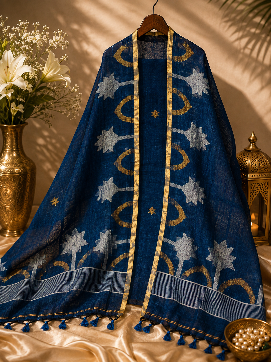 Morpankhi Blue Pure Jamdaani Linen with Sona-Chandi Zari Work 2 pc Suit Set