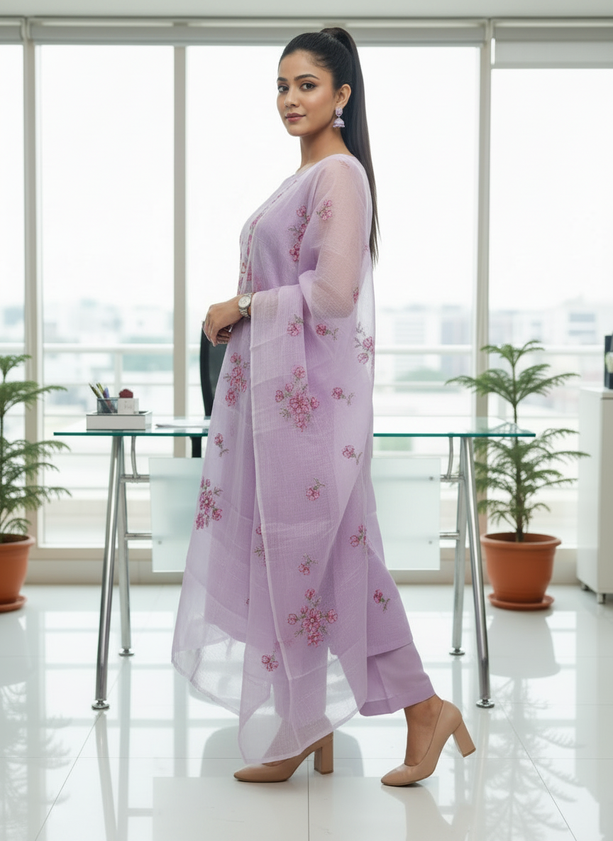 Lavender Kota-Doria 3 Piece Suit Set with Cross Stitch Bird Motif and Kota Doria Dupatta