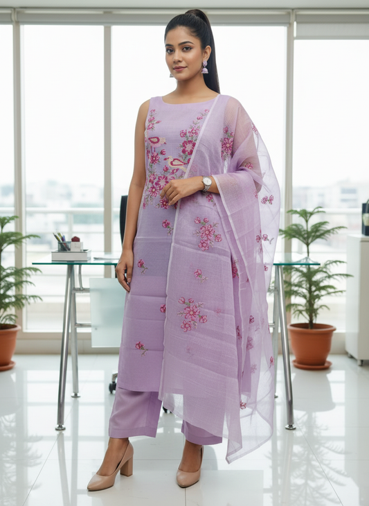 Lavender Kota-Doria 3 Piece Suit Set with Cross Stitch Embroidery and Kota Doria Dupatta