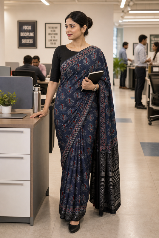 Indigo Mor Buta Motif Ajrakh Hand Block Dola Silk Saree with Zari Pallu (With Blouse)