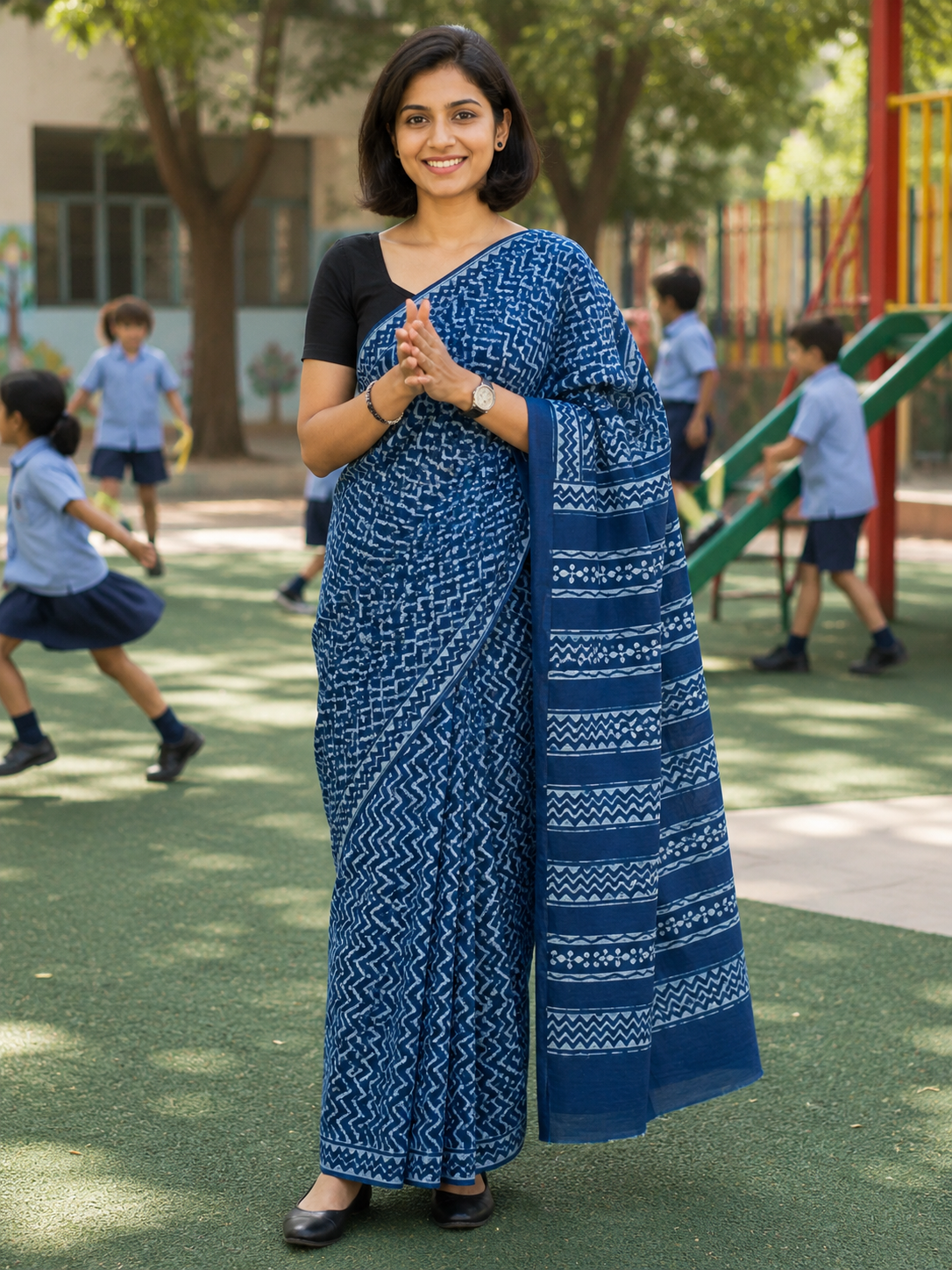 Zigzag Motif Indigo Akola Hand Block Mulmul Cotton Saree with Blouse