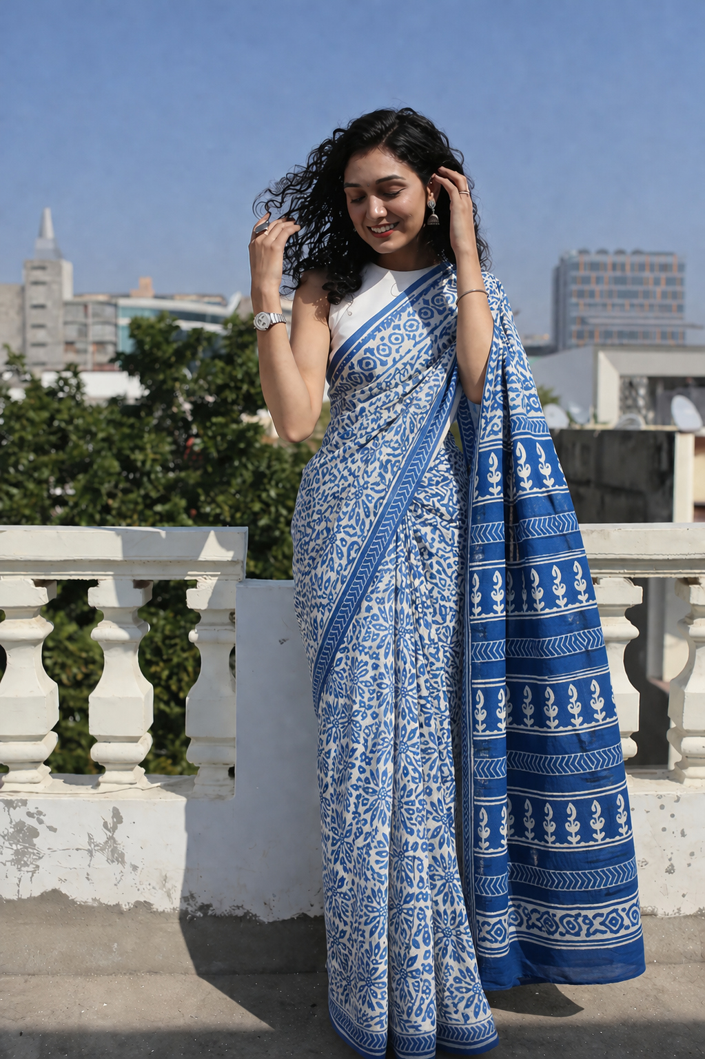 Circle Motif Indigo Akola Hand Block Mulmul Cotton Saree with Blouse