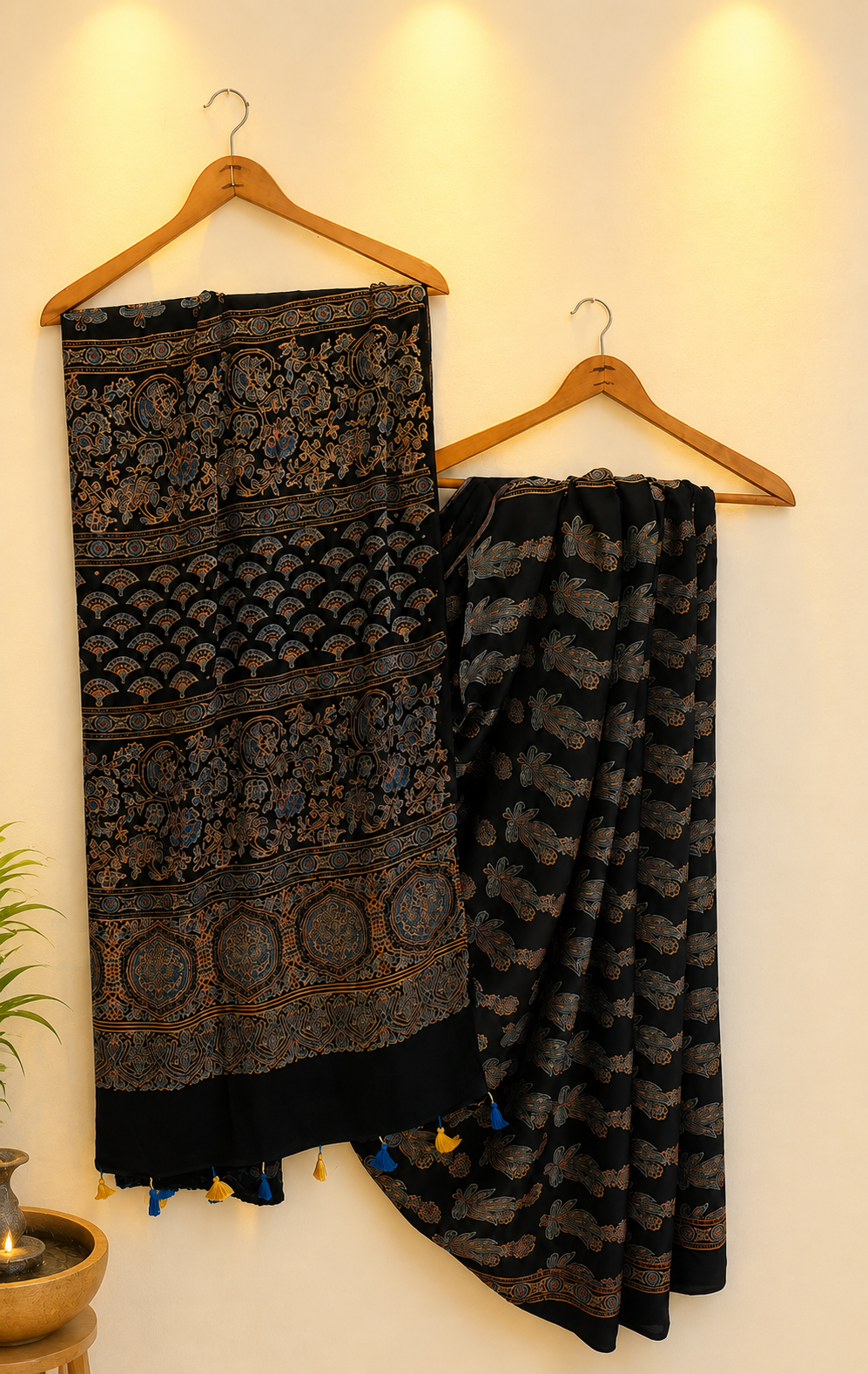 Black Piasley Motif Ajrakh Hand Block Natural Dye Modal Silk Saree With Blouse